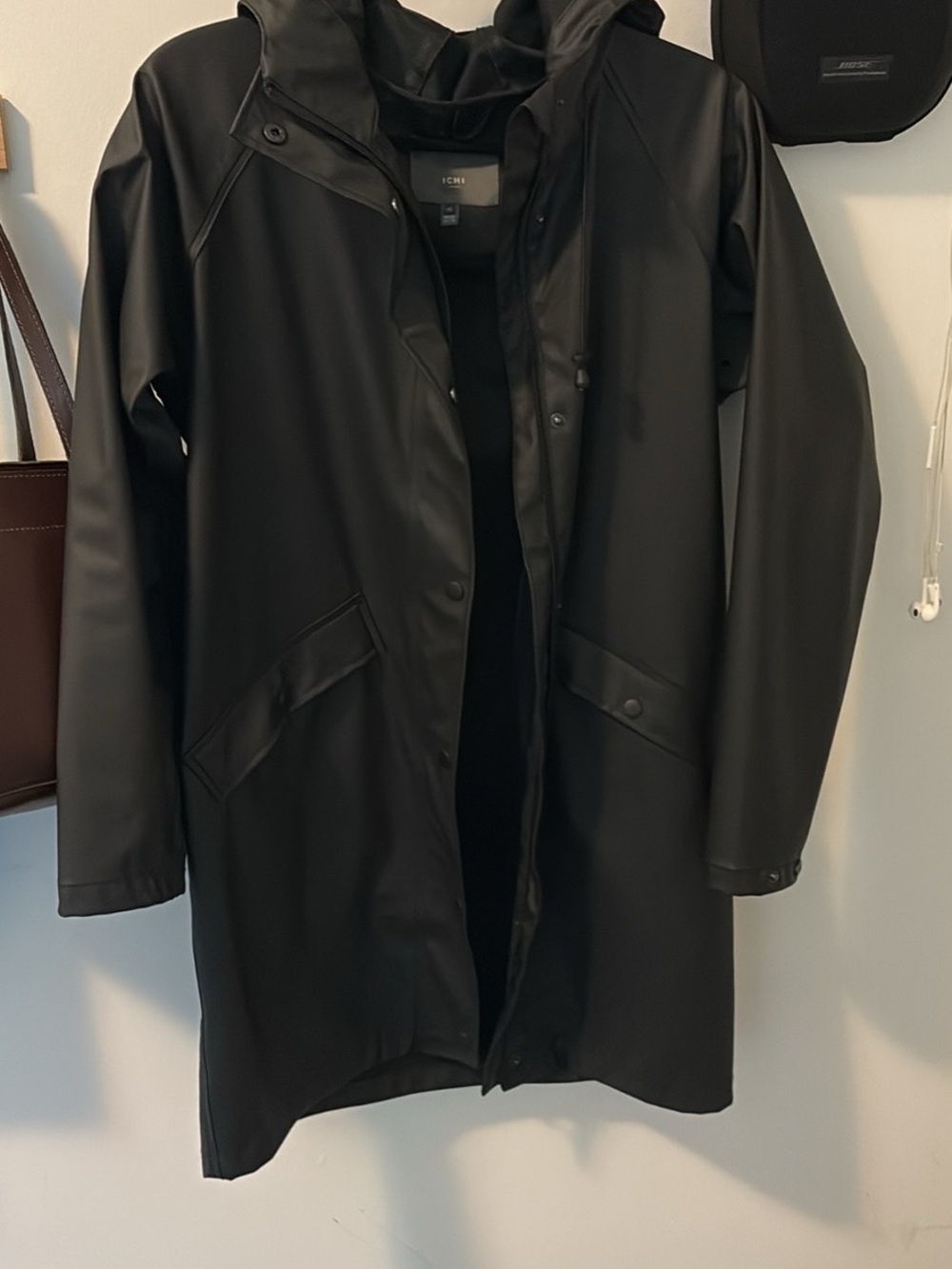 ICHI Black Waterproof Hooded Trench Coat